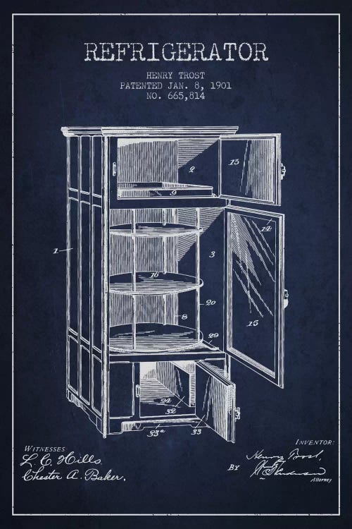 Refrigerator Navy Blue Patent Blueprint by Aged Pixel wall art