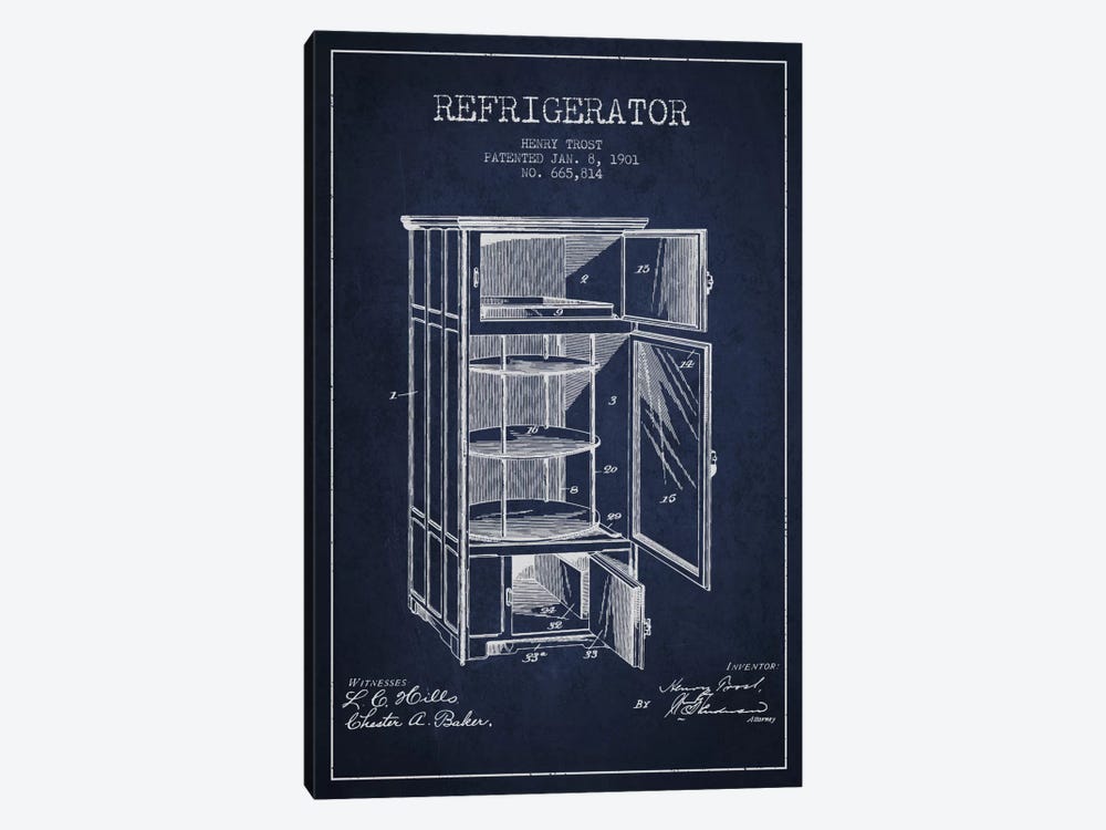 Refrigerator Navy Blue Patent Blueprint 1-piece Canvas Art