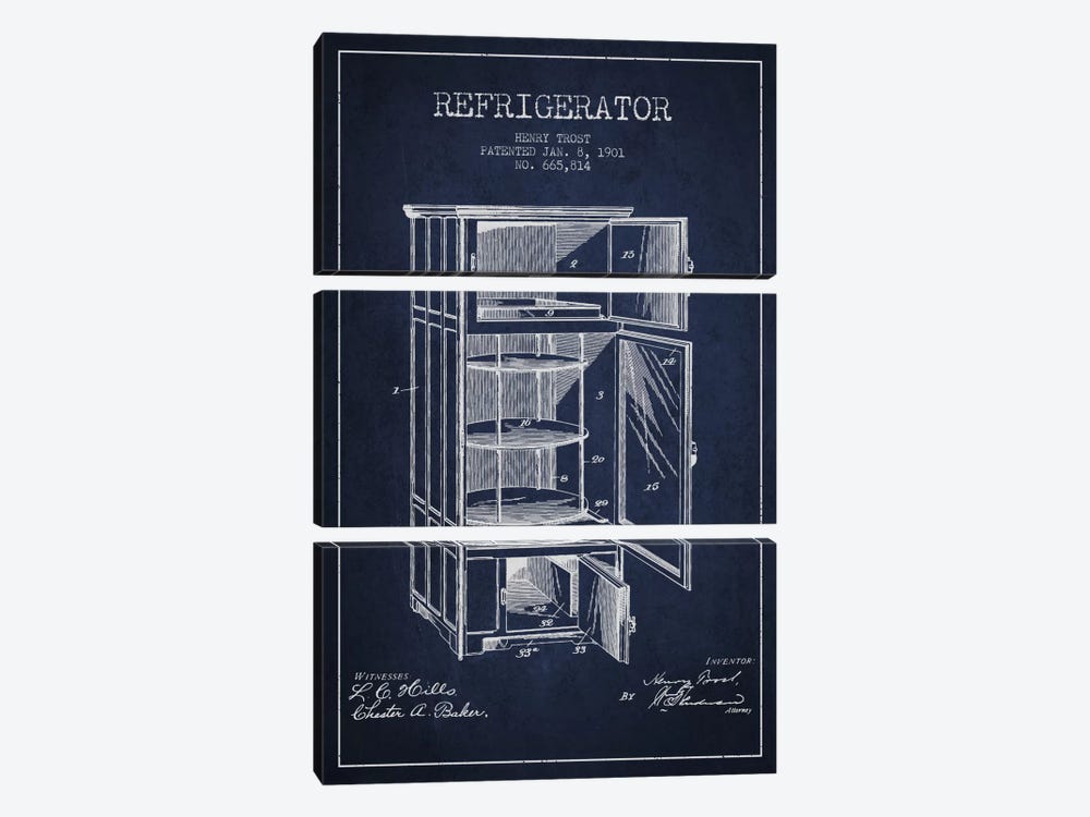 Refrigerator Navy Blue Patent Blueprint by Aged Pixel 3-piece Canvas Artwork
