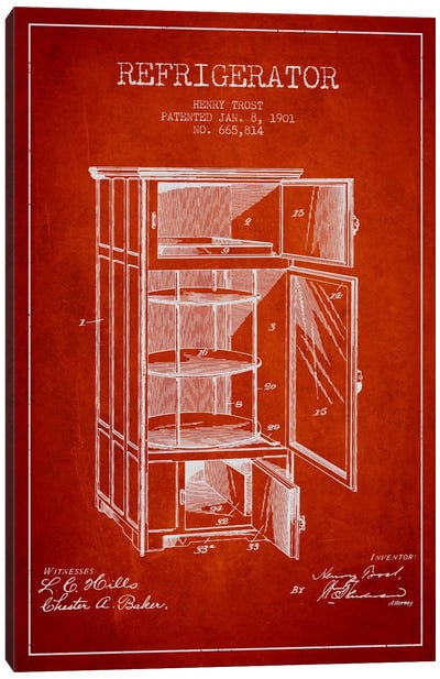 Refrigerator Red Patent Blueprint Canvas Art Print - Aged Pixel: Household Goods