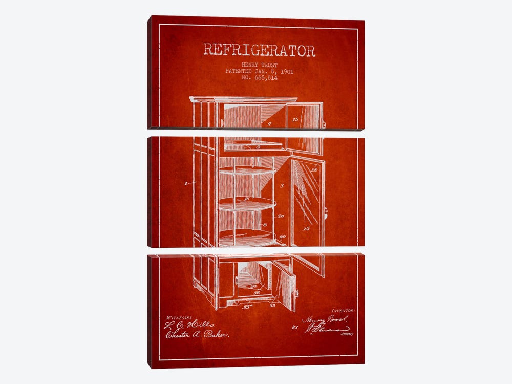 Refrigerator Red Patent Blueprint by Aged Pixel 3-piece Canvas Art Print