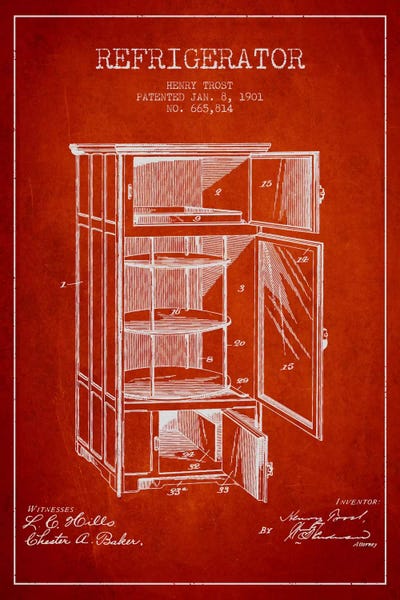 Food & Drink Blueprints: Refrigerator Red Patent Blueprint by Aged Pixel