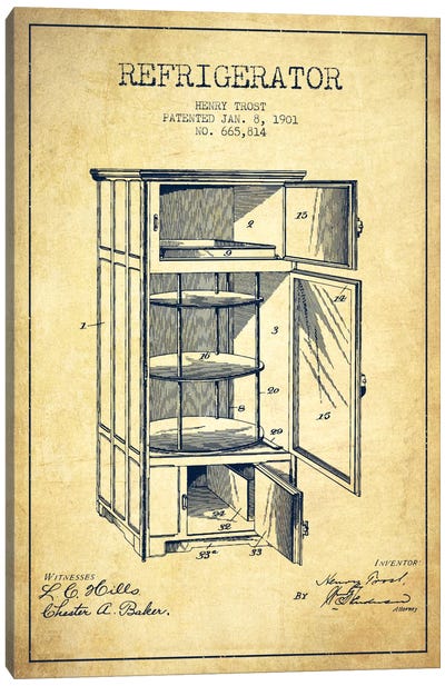 Refrigerator Vintage Patent Blueprint Canvas Art Print - Aged Pixel: Household Goods