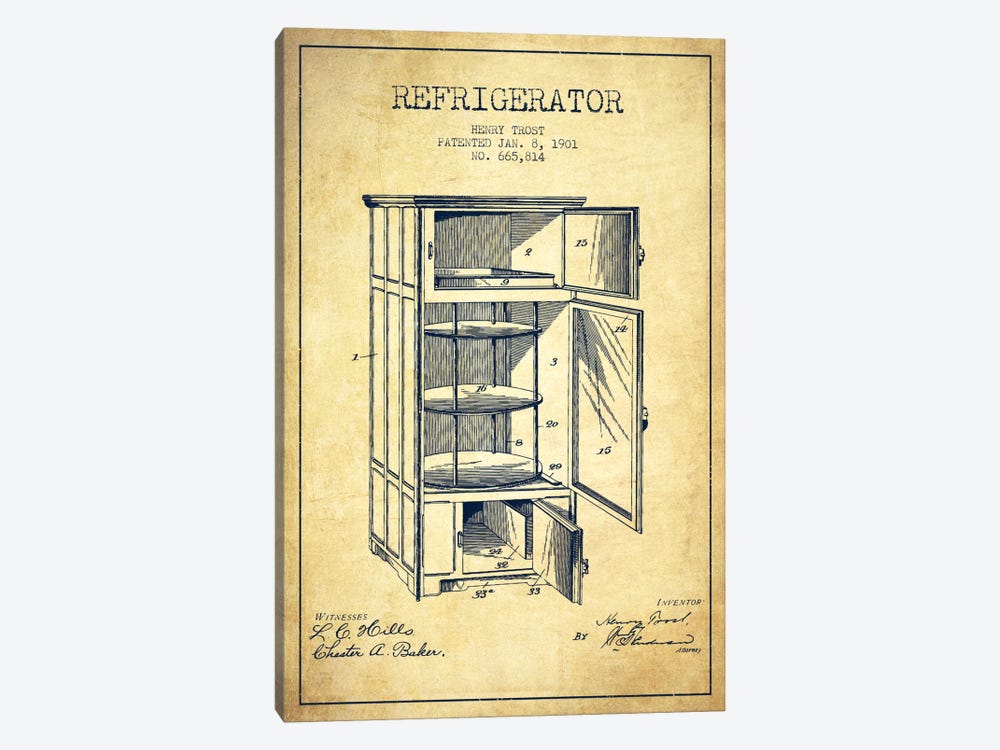 Refrigerator Vintage Patent Blueprint by Aged Pixel 1-piece Canvas Artwork