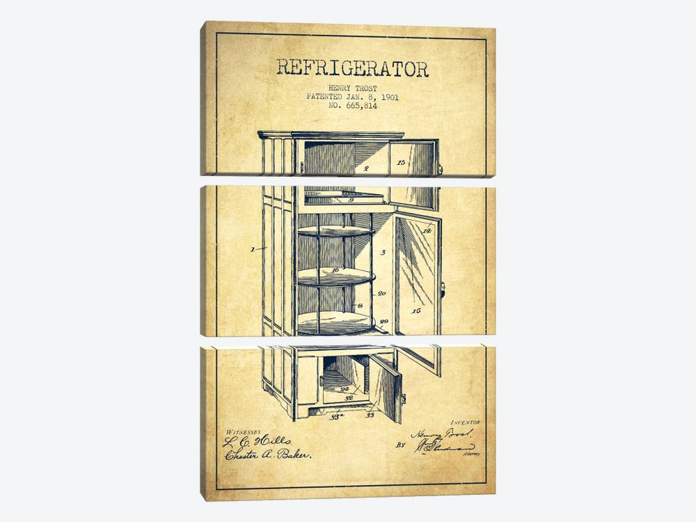 Refrigerator Vintage Patent Blueprint by Aged Pixel 3-piece Canvas Artwork