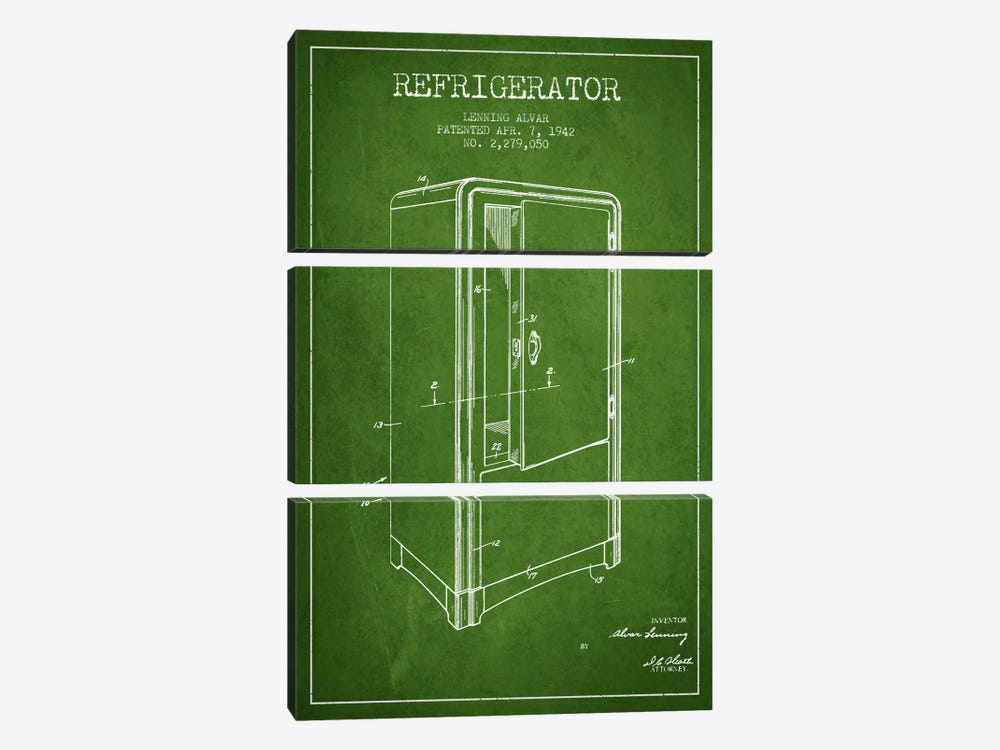 Refrigerator Green Patent Blueprint by Aged Pixel 3-piece Canvas Print