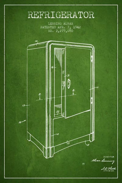 Food & Drink Blueprints: Refrigerator Green Patent Blueprint by Aged Pixel