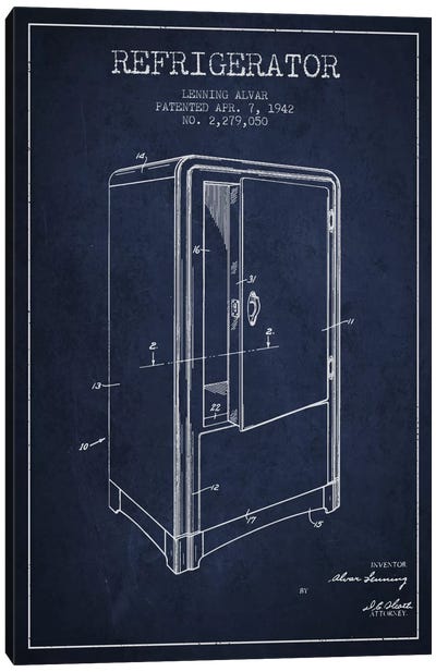 Refrigerator Navy Blue Patent Blueprint Canvas Art Print - Aged Pixel: Drink & Beer