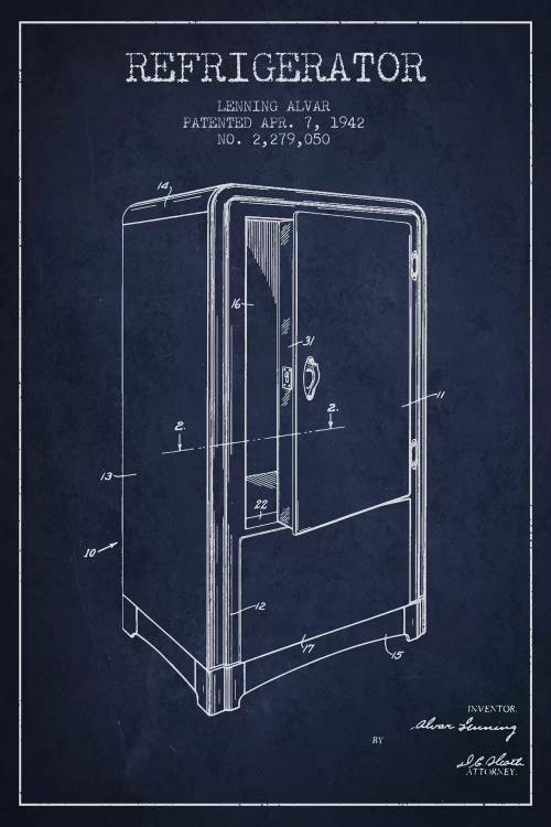 Refrigerator Navy Blue Patent Blueprint by Aged Pixel wall art