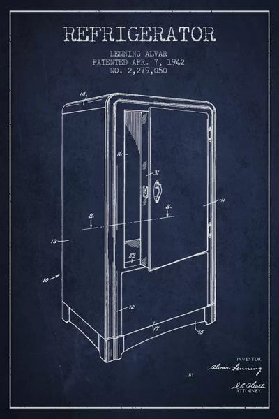 Aged Pixel: Refrigerator Navy Blue Patent Blueprint by Aged Pixel
