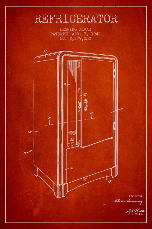 Refrigerator Red Patent Blueprint by Aged Pixel wall art