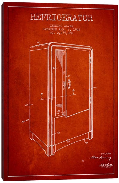 Refrigerator Red Patent Blueprint Canvas Art Print - Household Goods Blueprints