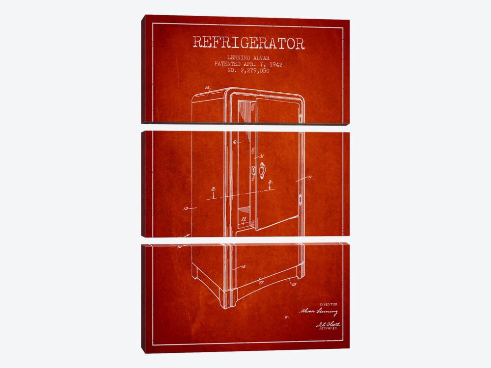 Refrigerator Red Patent Blueprint by Aged Pixel 3-piece Canvas Print