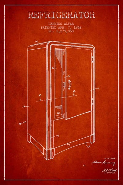 Food & Drink Blueprints: Refrigerator Red Patent Blueprint by Aged Pixel