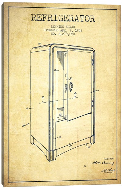 Refrigerator Vintage Patent Blueprint Canvas Art Print - Aged Pixel: Household Goods