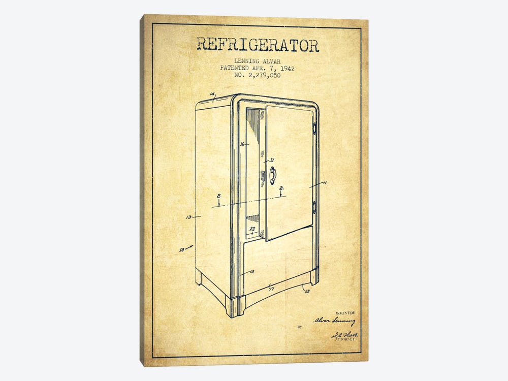 Refrigerator Vintage Patent Blueprint by Aged Pixel 1-piece Canvas Wall Art