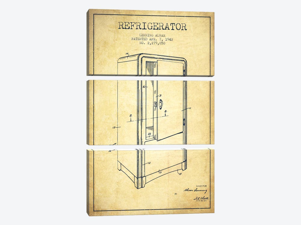 Refrigerator Vintage Patent Blueprint by Aged Pixel 3-piece Canvas Wall Art