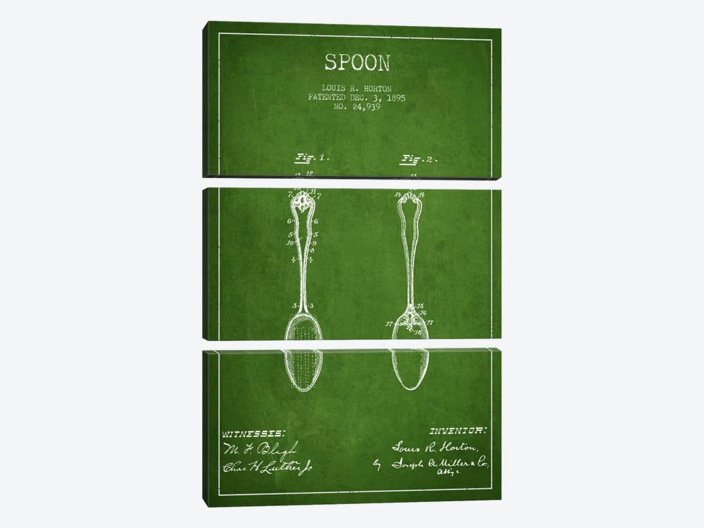 Spoon Green Patent Blueprint by Aged Pixel 3-piece Canvas Artwork