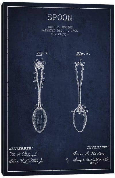 Spoon Navy Blue Patent Blueprint Canvas Art Print - Blueprints & Patent Sketches