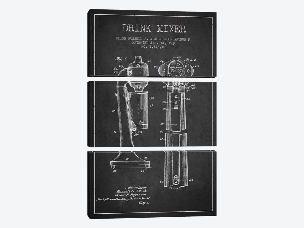 Drink Mixer Charcoal Patent Blueprint by Aged Pixel 3-piece Canvas Wall Art