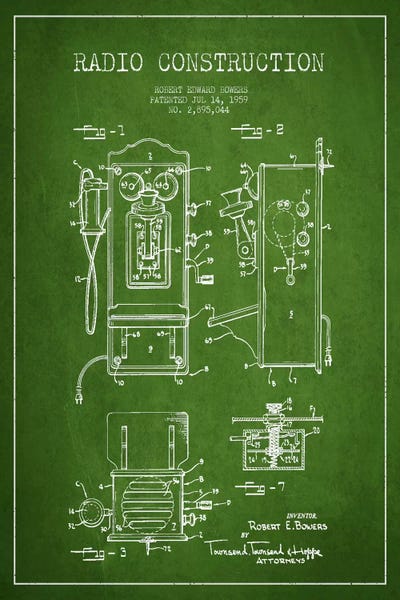 Bowers Radio Green Patent Blueprint by Aged Pixel canvas print
