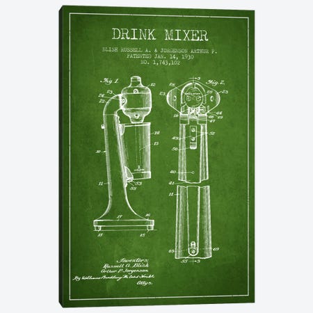 Drink Mixer Green Patent Blueprint Canvas Print #ADP800} by Aged Pixel Art Print