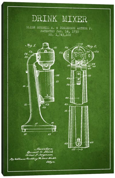 Drink Mixer Green Patent Blueprint Canvas Art Print - Aged Pixel: Household Goods