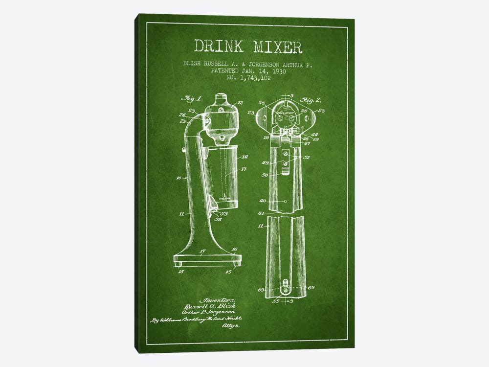 Drink Mixer Green Patent Blueprint by Aged Pixel 1-piece Canvas Wall Art