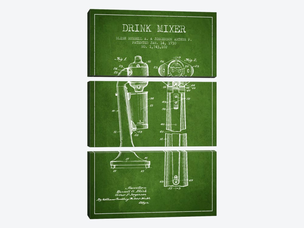 Drink Mixer Green Patent Blueprint by Aged Pixel 3-piece Canvas Art