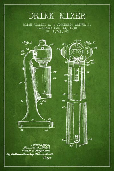 Food & Drink Blueprints: Drink Mixer Green Patent Blueprint by Aged Pixel
