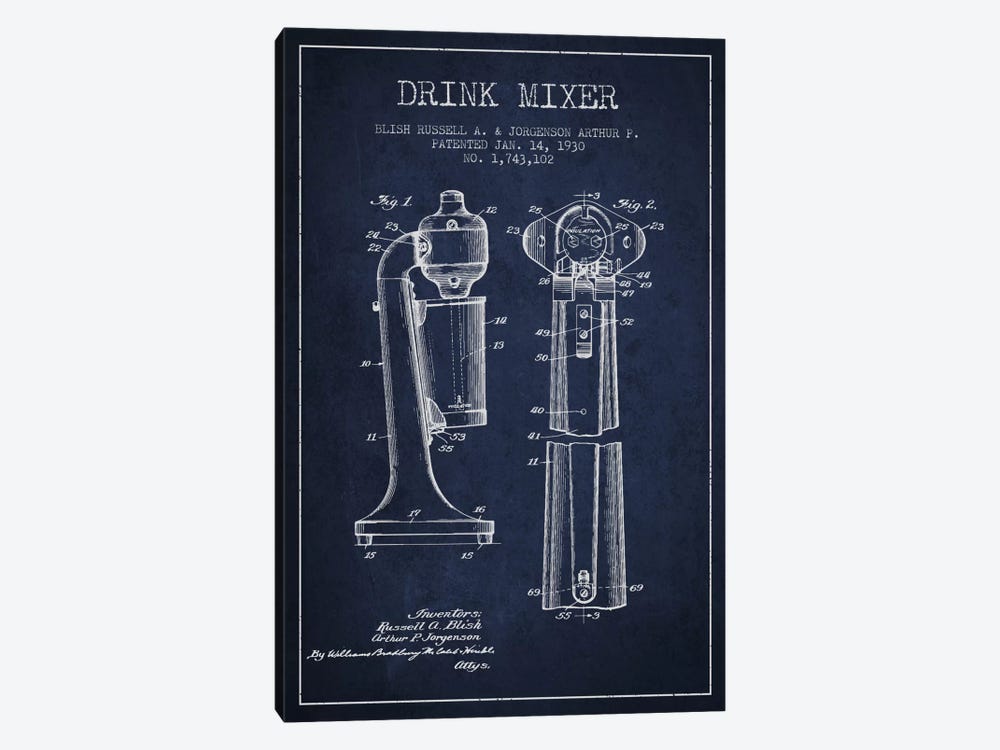 Drink Mixer Navy Blue Patent Blueprint by Aged Pixel 1-piece Canvas Print