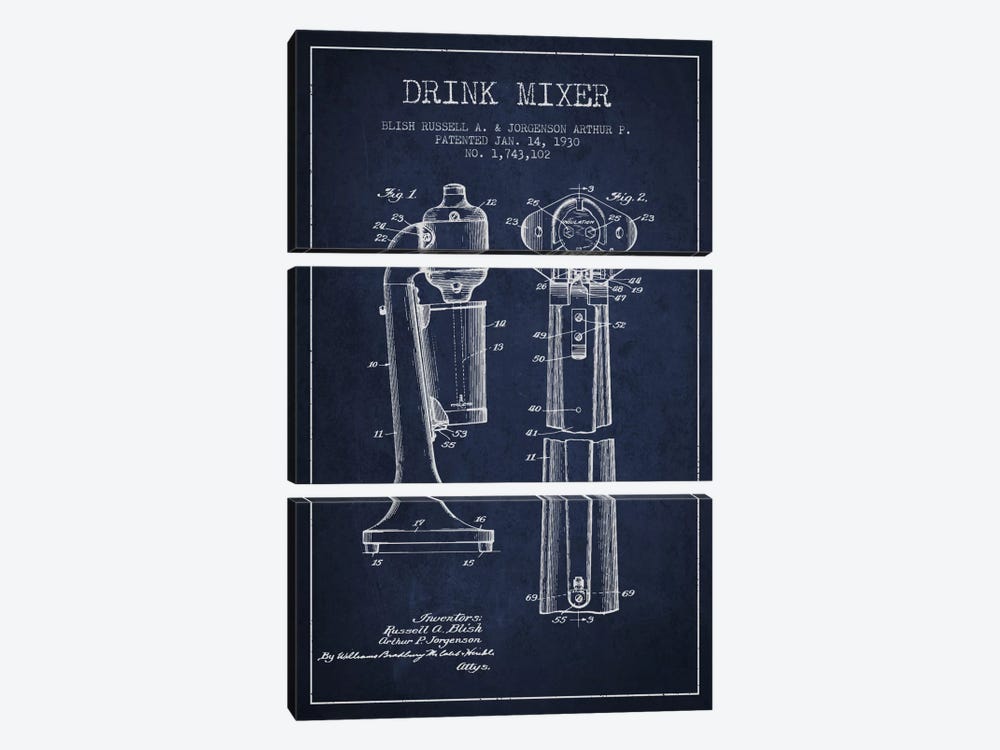 Drink Mixer Navy Blue Patent Blueprint by Aged Pixel 3-piece Canvas Print