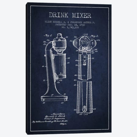Drink Mixer Navy Blue Patent Blueprint Canvas Print #ADP801} by Aged Pixel Art Print