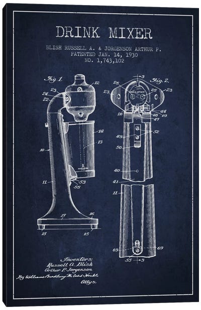 Drink Mixer Navy Blue Patent Blueprint Canvas Art Print - Aged Pixel: Drink & Beer