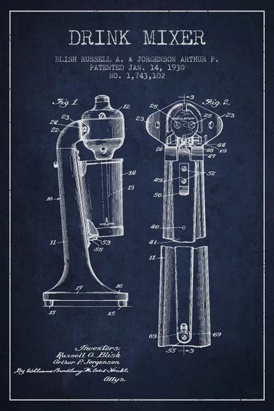 Household Goods Blueprints: Drink Mixer Navy Blue Patent Blueprint by Aged Pixel