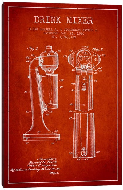 Drink Mixer Red Patent Blueprint Canvas Art Print - Bar Art