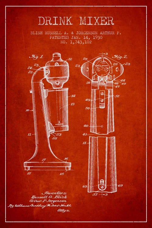 Drink Mixer Red Patent Blueprint by Aged Pixel wall art