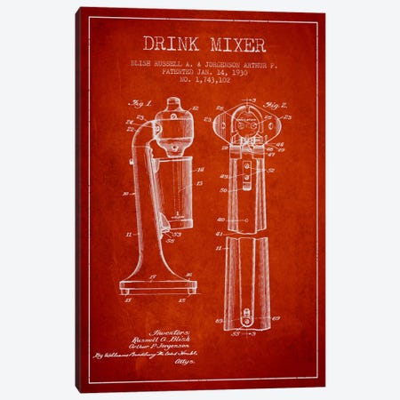 Drink Mixer Red Patent Blueprint Canvas Print #ADP802} by Aged Pixel Canvas Print
