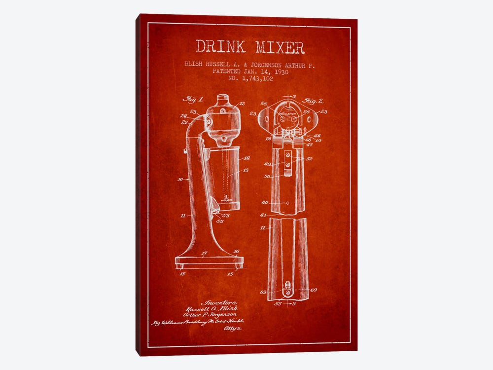 Drink Mixer Red Patent Blueprint by Aged Pixel 1-piece Canvas Wall Art