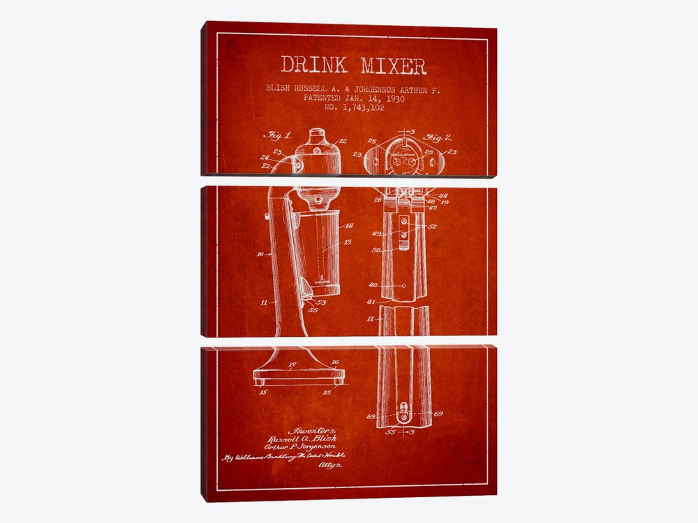 Drink Mixer Red Patent Blueprint by Aged Pixel 3-piece Canvas Art