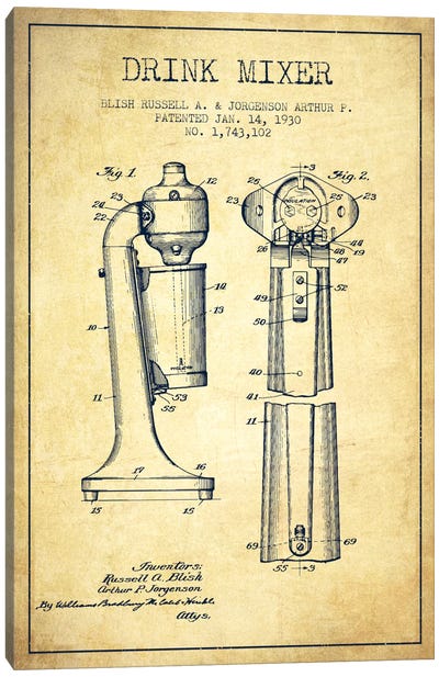 Drink Mixer Vintage Patent Blueprint Canvas Art Print - Kitchen Blueprints