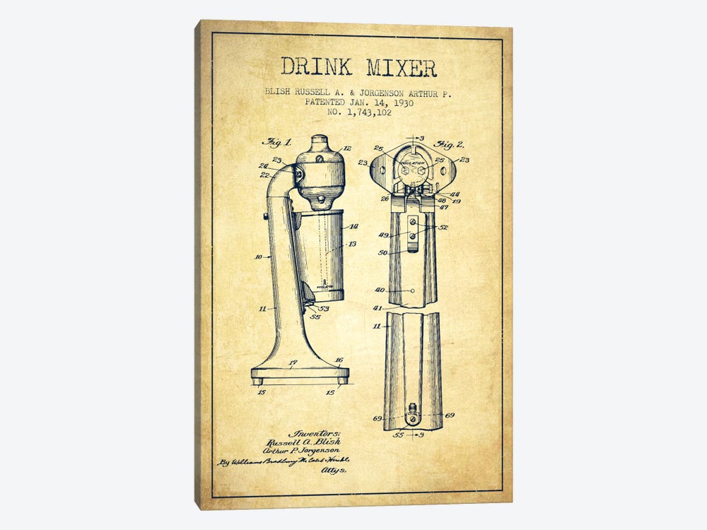 Drink Mixer Vintage Patent Blueprint by Aged Pixel 1-piece Art Print
