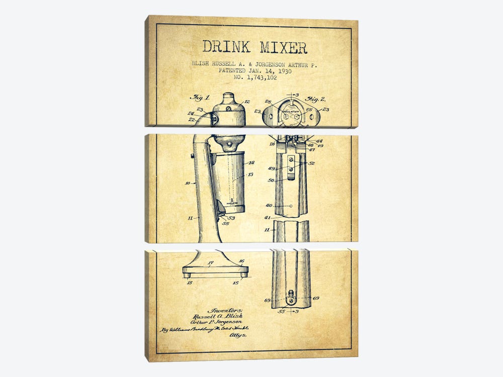 Drink Mixer Vintage Patent Blueprint by Aged Pixel 3-piece Canvas Print