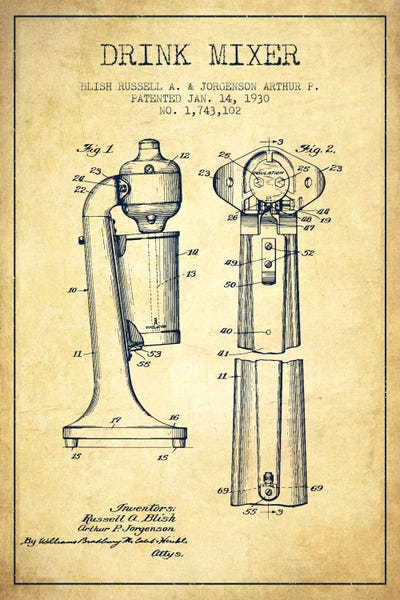 Food & Drink Blueprints: Drink Mixer Vintage Patent Blueprint by Aged Pixel