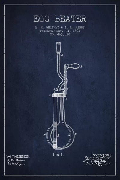 Food & Drink Blueprints: Egg Beater Navy Blue I Patent Blueprint by Aged Pixel