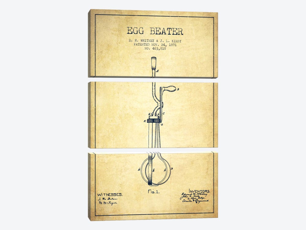 Egg Beater Vintage Patent Blueprint by Aged Pixel 3-piece Canvas Wall Art