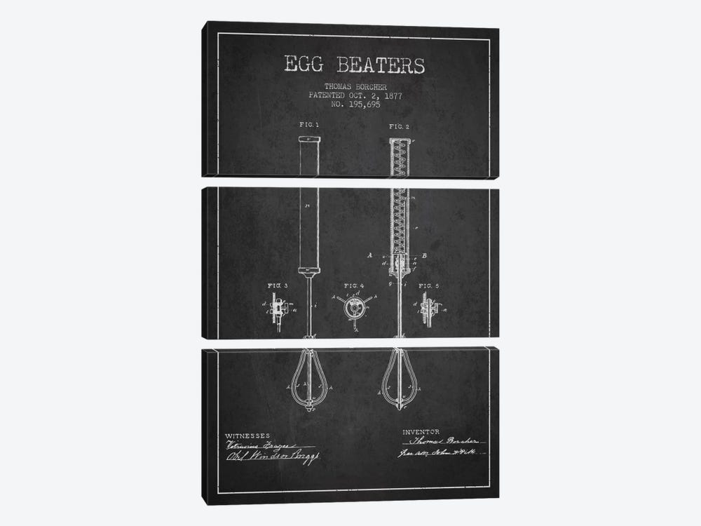 Egg Beater Charcoal Patent Blueprint by Aged Pixel 3-piece Canvas Print