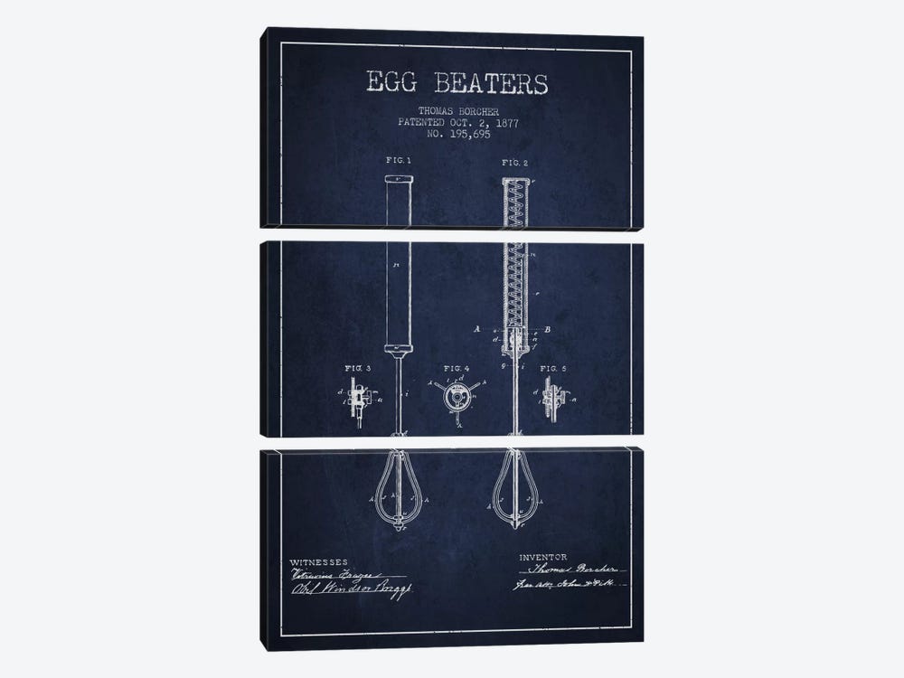 Egg Beater Navy Blue Patent Blueprint by Aged Pixel 3-piece Canvas Artwork