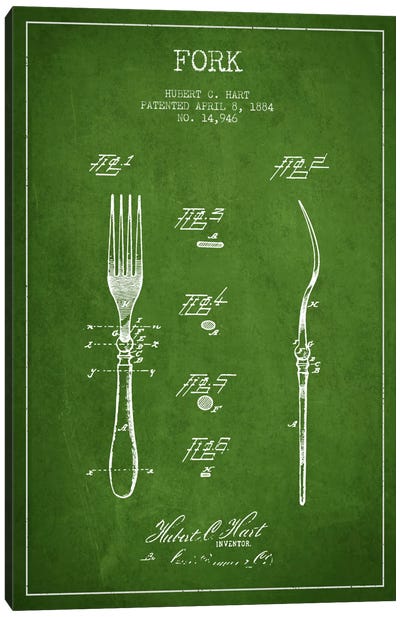 Fork Green Patent Blueprint Canvas Art Print - Aged Pixel: Household Goods