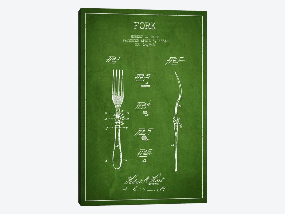 Fork Green Patent Blueprint by Aged Pixel 1-piece Canvas Wall Art